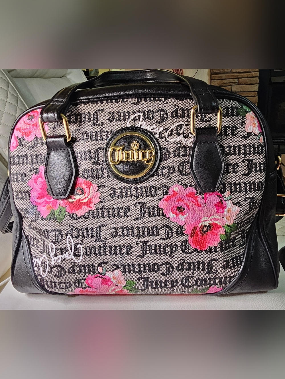 Juicy Couture Black & Pink Floral Logo Satchel
